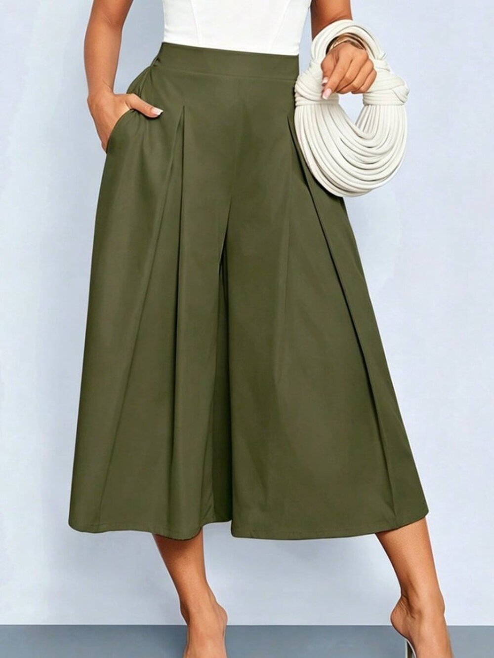 Army Green Casual Women's Casual High-Waist Pleated Capri Pants - Picture 3 of 10